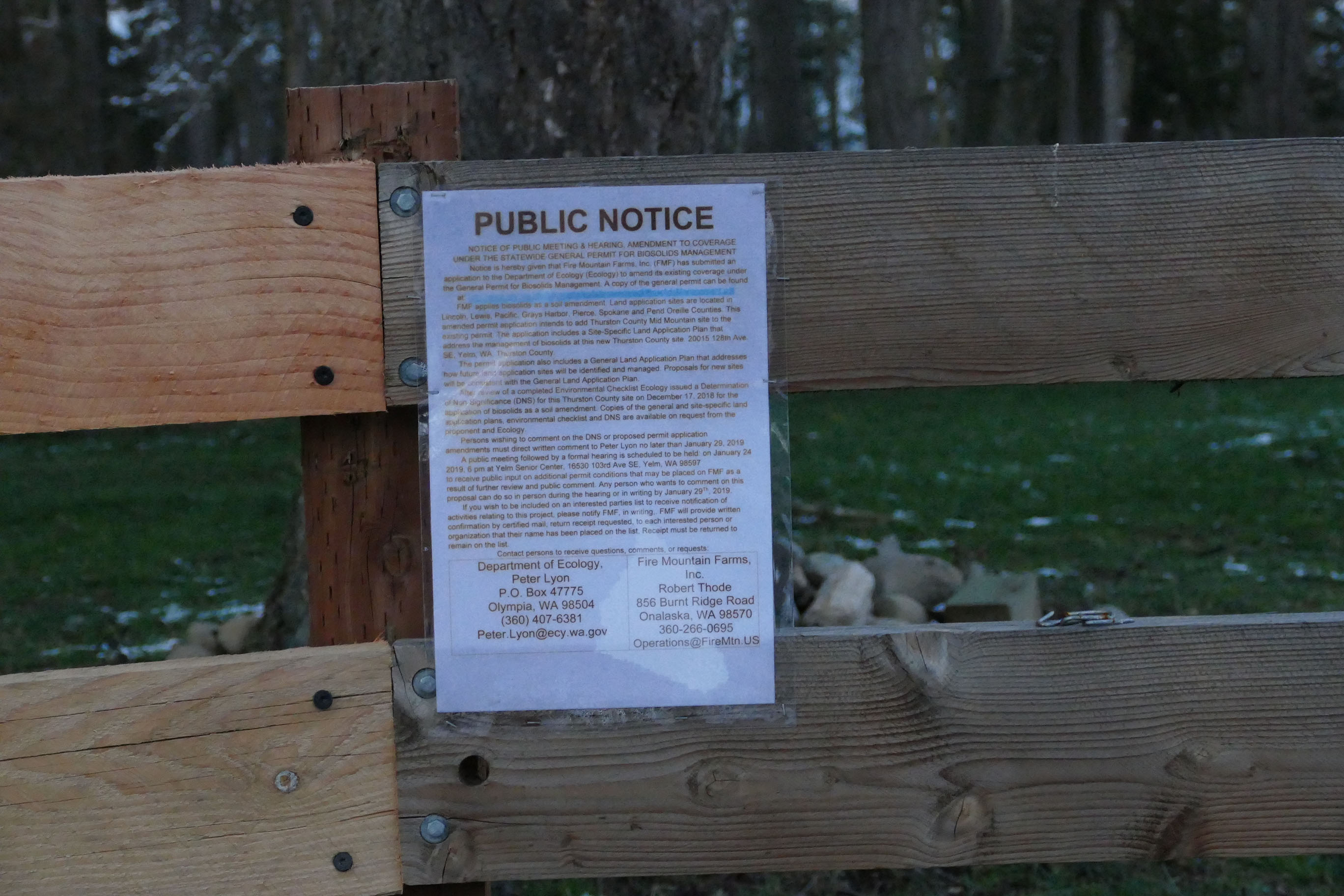 Small notice at entrance to site 2 Small notice near the entrance of the proposed biosolids site